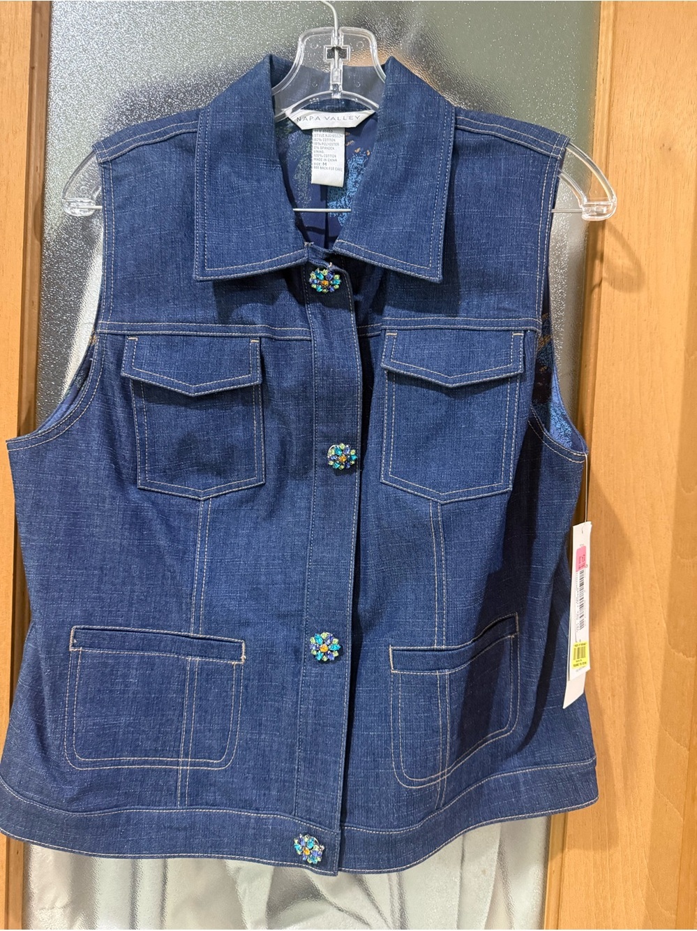 Nappa Valley Denim Vest Shirt with Beaded Floral Buttons - Size Medium